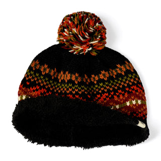 The Hand Knit Explore Hat is a black winter beanie featuring a multicolored pattern in red, orange, and yellow, topped with a pom-pom. This fleece-lined hat has a soft, fuzzy black interior for added warmth and comfort.