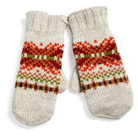 A pair of Hand Knit Explore Mittens featuring a cream base color and a red, green, and orange geometric pattern across the middle, laid flat on a white background.
