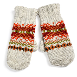 A pair of Hand Knit Explore Mittens featuring a cream base with red, orange, and green Fair Isle patterned stripes across the middle, displayed flat on a white background.