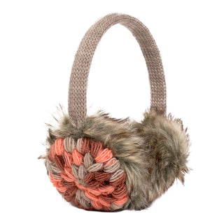 Hand Crochet Kaleidoscope Earmuffs feature a taupe headband, faux fur padding, and round ear covers in orange, brown, and beige crochet patterns, isolated on a white background.