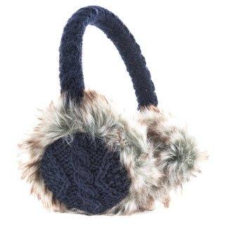 A pair of Cable Knit Adjustable Earmuffs with faux fur, featuring wireless charging capability and pom poms.