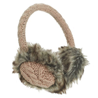 Hand Knit Cable Adjustable Earmuffs With Faux Fur feature a knitted pink band and ear covers with a pink knit center, surrounded by plush brown and gray faux fur. These handmade earmuffs are designed for warmth.
