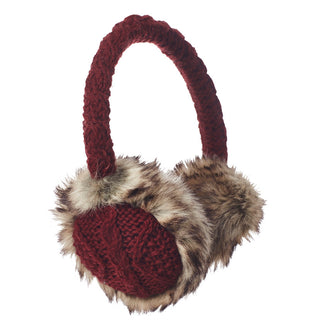 A pair of Cable Knit Adjustable Earmuffs with faux fur in burgundy color, providing extra cushioning.