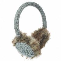 Hand Knit Cable Adjustable Earmuffs With Faux Fur, shown against a white background, feature an adjustable ear band and cable knit wool covers. The soft and fluffy brown faux fur lining on the ear covers provides extra warmth and comfort.