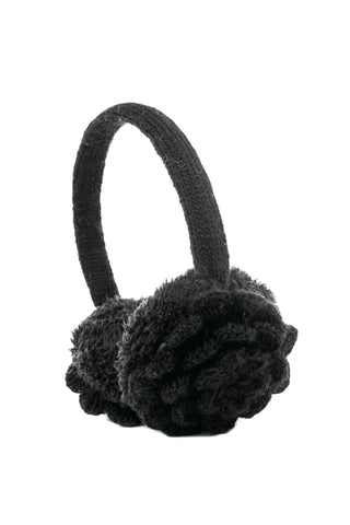 The Camellia Earmuffs feature a black faux fur, textured and fluffy design with a wide headband, making them perfect for women. Photographed against a white background.