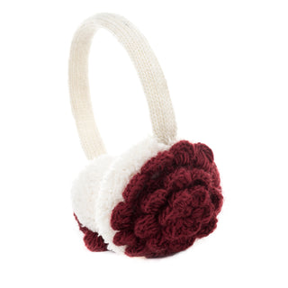 Hand Knit Camellia Earmuffs with burgundy crochet flower accents and a soft, textured adjustable band, shown on a white background. The headband ensures added comfort for stylish winter wear.