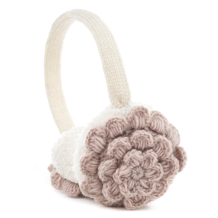 Hand Knit Camellia Earmuffs feature cream merino wool, soft round ear covers with 3D light taupe and cream flowers, a ribbed matching headband, and a cozy faux fur lining.