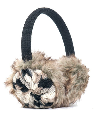 The Kaleidoscope Earmuffs feature a black knitted headband and fluffy faux fur in brown, gray, and beige, with a crocheted pattern on one side—stylish earmuffs designed for women.