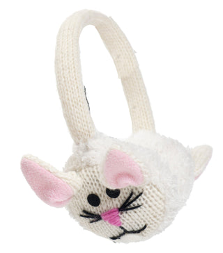 White knitted Bunny Earmuffs made from soft Merino wool, featuring pink felt ears, a stitched black nose and whiskers, and two black eyes.