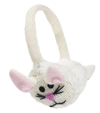 Hand Knit Bunny Earmuffs in off-white, featuring pink inner ears and a matching nose.