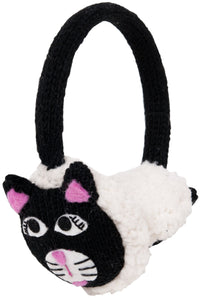 The Hand Knit Cat Earmuffs showcase a plush black and white cat face, complete with pink inner ears and nose, and fluffy white ear coverings. Featuring a black, adjustable headband for a comfortable fit, these earmuffs are designed to be both adorable and practical.