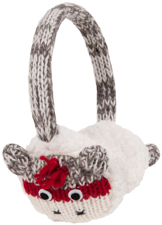 A small knitted handbag shaped like a monkey, featuring gray and white handles, gray ears resembling earmuffs, a red knitted band with a bow, and cute black eyes. Product name: Cute Monkey Earmuffs.