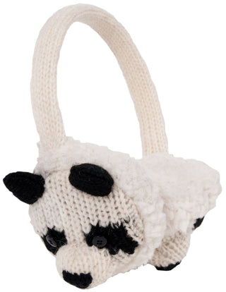 The Hand Knit Panda Earmuffs, handmade in Nepal, are white with black ears, button eyes, and black details around the eyes and nose for a textured, soft look.