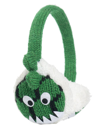 Hand Knit Dinosaur Earmuffs are handmade in Nepal from green and white wool, featuring a monster face with big eyes, zigzag black details, pointed teeth, and green knit antennae on the headband.