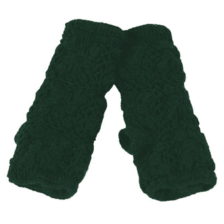 Flower Crochet Handwarmers: Dark green fingerless gloves with a delicate floral crochet design, perfect for women seeking stylish wool winter warmth. Displayed flat on a white background.