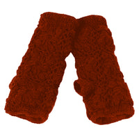 A pair of Flower Hand Crochet Fingerless Gloves in red, featuring a handmade floral crochet design with a textured pattern, displayed side by side on a white background.