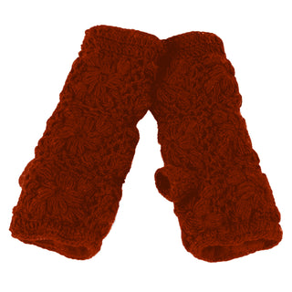 The Flower Crochet Handwarmers feature a red textured floral design and are shown laid flat on a white background—perfect winter gloves for women who want warmth and style.