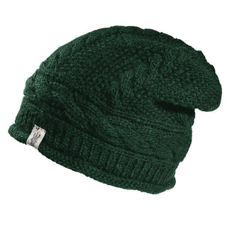 The Gateway Hat is a dark green, cable knit wool hat with a small fabric tag on the folded brim—perfect for cold weather.
