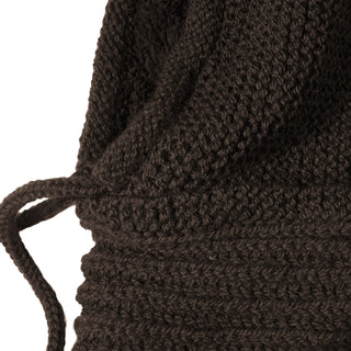 Close-up of the Hand Knit Halo Reverse Hood in dark brown, highlighting its intricate knit texture and pattern, with a drawstring partially visible on the left side.