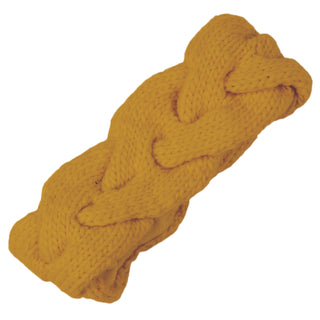 The Braided Headband is a yellow, wool accessory that boasts a chunky cable knit pattern. Handmade in Nepal, it features a fleece lining for added warmth and is displayed against a white background.