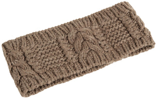 A brown Merino Cable Headband, handmade in Nepal, on a white background.