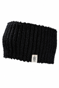 The Hand Loom Mandy Headband is a black, ribbed wool headband handmade in Nepal, featuring a small white tag with a line drawing of a figure with raised arms. Shown against a plain white background.