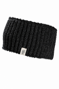 The Hand Loom Mandy Headband is a black, ribbed knit wool headband with a small rectangular tag featuring a simple line drawing logo centered on the front, shown against a plain white background.