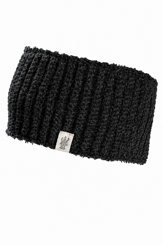 The Hand Loom Mandy Headband is a black, ribbed knit wool headband with a small rectangular tag featuring a simple line drawing logo centered on the front, shown against a plain white background.