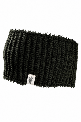 The Hand Loom Mandy Headband is black, ribbed wool with a small white rectangular tag featuring a printed emblem. Its textured pattern adds style, shown against a plain white background.