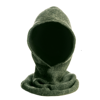 The Roll Hood is a dark green, hooded garment with an open face area. The wool hood extends into a neck covering, forming a single piece of cloth. Handmade in Nepal, it boasts a soft texture and may be lined with warm fleece. The background is transparent.