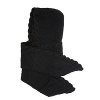 A hand-knit 2 pocket scarf hood in black, featuring a textured pattern and scalloped edges, handmade in Nepal and shown folded flat against a white background.