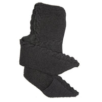A hand-knit dark gray scarf hood featuring two convenient pockets, a textured knit pattern, and scalloped edges, designed for warmth with a cozy sherpa lining.