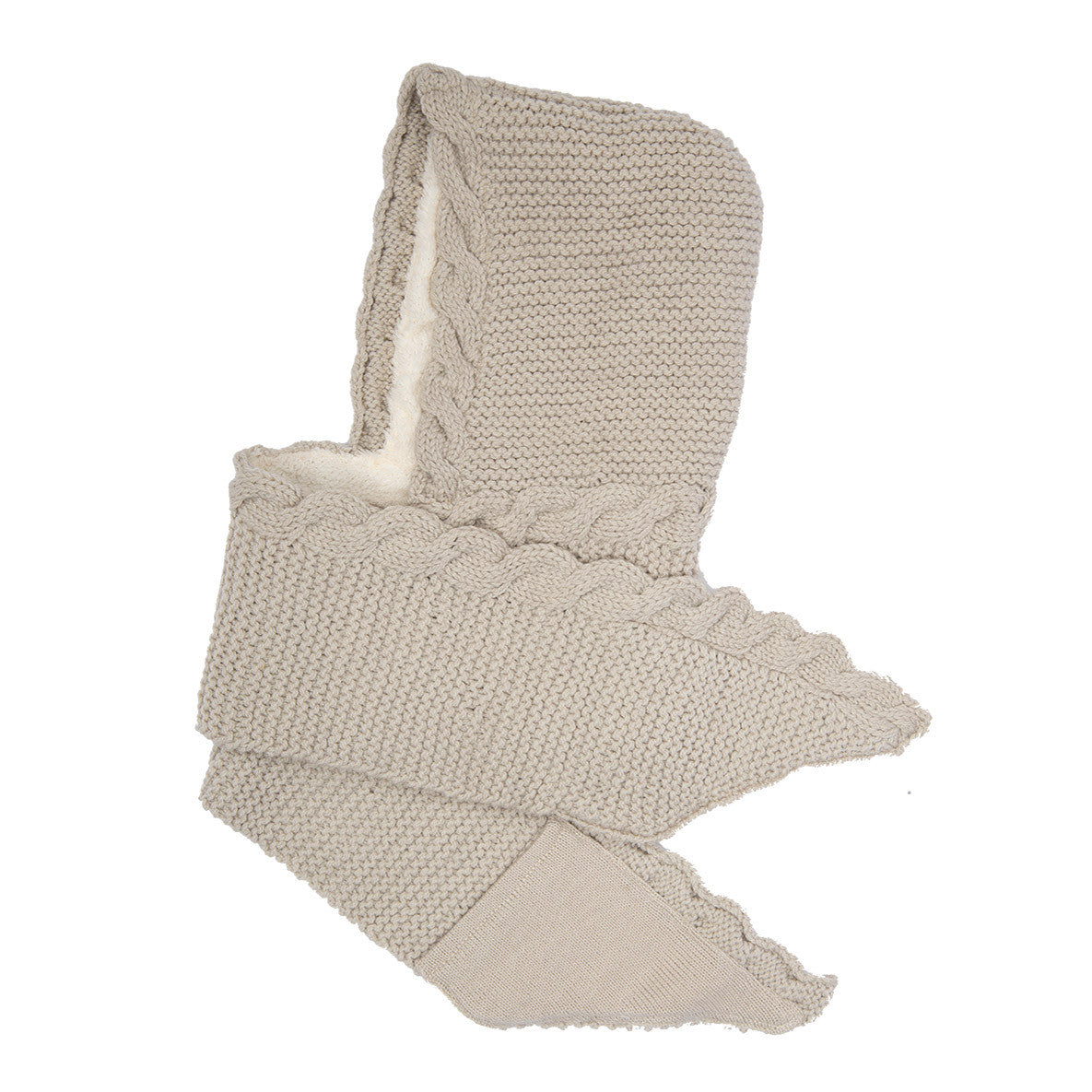 A beige Hand Knit 2 Pocket Scarf Hood made from merino wool with textured patterns, scalloped edges, and a pointed hood lined in soft white sherpa. Handmade in Nepal, it is displayed flat against a white background.