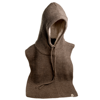 The Bibbed Hood is a brown, ribbed-knit hood with an attached scarf-like extension that covers the shoulders and extends towards the chest. It features a drawstring for adjustment and is lined with a lighter fabric.