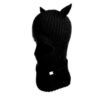 The "Hood With Horns" is a black knitted balaclava designed with cat ears, enveloping the entire head and neck while leaving openings for the eyes and mouth. This winter accessory is crafted from ribbed material and includes a small white label at the bottom front.