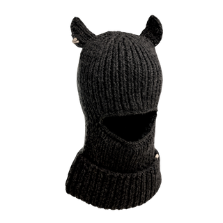 The "Hood With Horns" is a black knitted balaclava, an ideal winter accessory, adorned with small pointy ear shapes on top and featuring an opening for the eyes and nose. The ribbed fabric design extends to cover the neck.