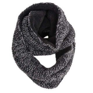 A black and grey handmade Sherpa lined Infinity Scarf on a white background.