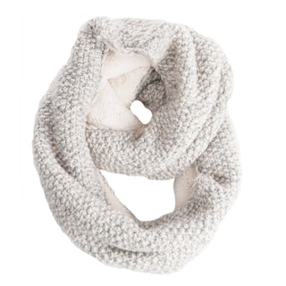 A grey and white handmade, sherpa lined infinity scarf on a white background.