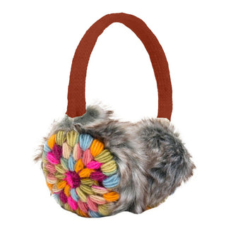 Kaleidoscope Earmuffs feature a brown headband, faux fur ear covers, and a colorful yarn flower pattern on one side.