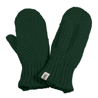 Handmade in Nepal, the Kent Mittens are dark green wool mittens with a textured pattern and ribbed cuffs. Displayed side by side on a white background, one mitten features a small white fabric tag with a logo. Cozy for winter wear.