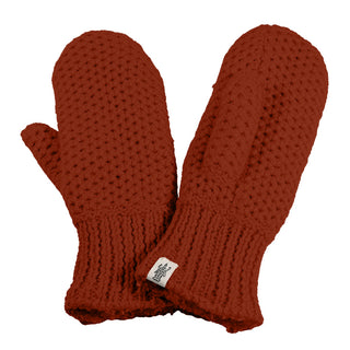 The Kent Mittens are handmade red wool mittens from Nepal with a textured pattern. One mitten lays flat while the other slightly overlaps, and a small logo tag is attached to the front cuff.