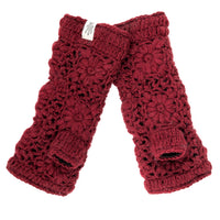 Flower Hand Crochet Fingerless Gloves in dark red with a floral pattern and a small white label on one cuff, displayed flat on a white background.