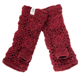 Flower Hand Crochet Fingerless Gloves in dark red with a floral pattern and a small white label on one cuff, displayed flat on a white background.