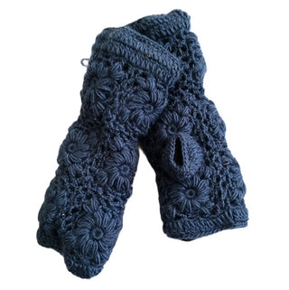 Flower Crochet Handwarmers: Dark blue, hand-knitted with a textured floral pattern and thumb opening. Displayed on white background—stylish and cozy winter accessory for women seeking warmth.