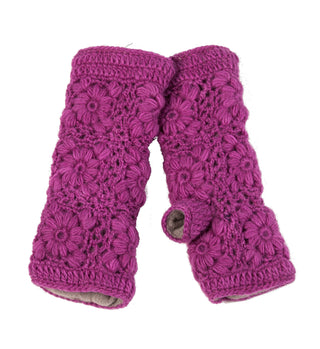 Flower Crochet Handwarmers: Purple wool fingerless gloves with a floral crochet design and thumb opening, shown on a white background—ideal for women wanting stylish and warm winter accessories.