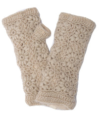 A pair of Flower Hand Crochet Fingerless Gloves in beige, featuring a delicate floral crochet pattern on the front and displayed flat on a white background. These handmade gloves are fingerless, combining both style and comfort.