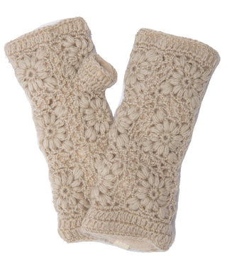The Flower Crochet Handwarmers, made of beige wool with a textured floral design, are shown on a white background—ideal winter fingerless gloves.