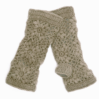 Flower Crochet Handwarmers—a pair of beige, fingerless, hand-knitted warmers with a floral crochet pattern—are displayed flat on a white background.