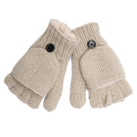 A pair of Hand Knit Fingerless Gloves With Button Flap and Fleece Lining in beige, featuring buttoned top flaps that allow them to be worn as either fingerless gloves or mittens.