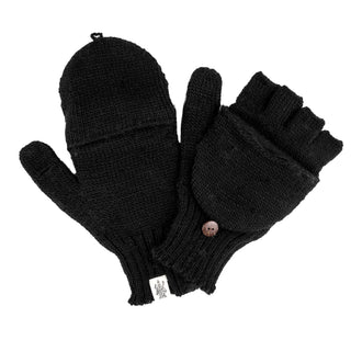 A pair of black Hand Loom Bryant Fingerless Gloves w/ Flap; one shown as a mitten, the other with the flap back to reveal fingerless gloves and thermal cotton lining. Button closure and small white tag on cuff.